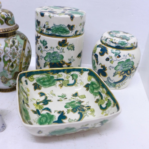 822 - A collection of Japanese plates, oriental china and two Mason's Chartreuse lidded jars and bowl