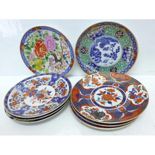 822 - A collection of Japanese plates, oriental china and two Mason's Chartreuse lidded jars and bowl