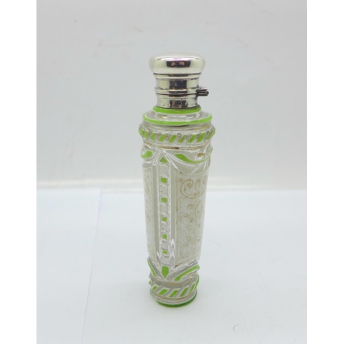 868 - A French glass scent bottle with green and white enamel and silver top, mark worn, a/f, glass chippe... 