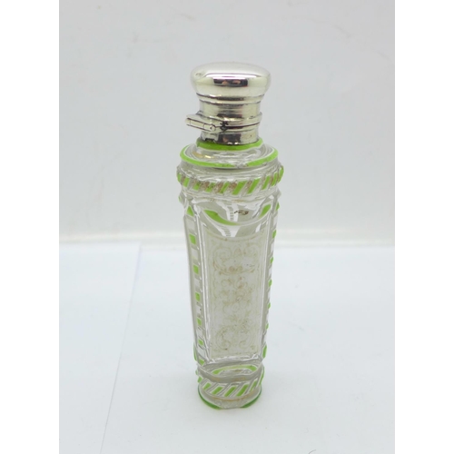 868 - A French glass scent bottle with green and white enamel and silver top, mark worn, a/f, glass chippe... 