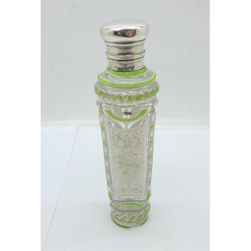 868 - A French glass scent bottle with green and white enamel and silver top, mark worn, a/f, glass chippe... 