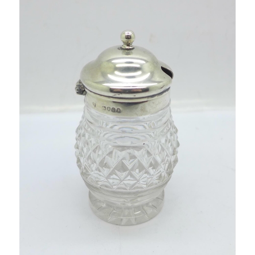 872 - A Victorian silver topped glass mustard or preserve pot, London 1869, 9cm