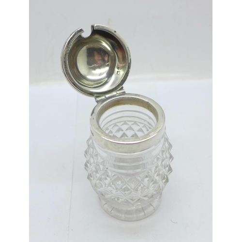 872 - A Victorian silver topped glass mustard or preserve pot, London 1869, 9cm