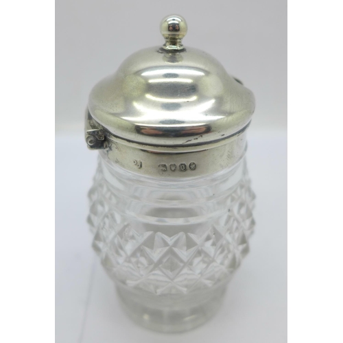 872 - A Victorian silver topped glass mustard or preserve pot, London 1869, 9cm