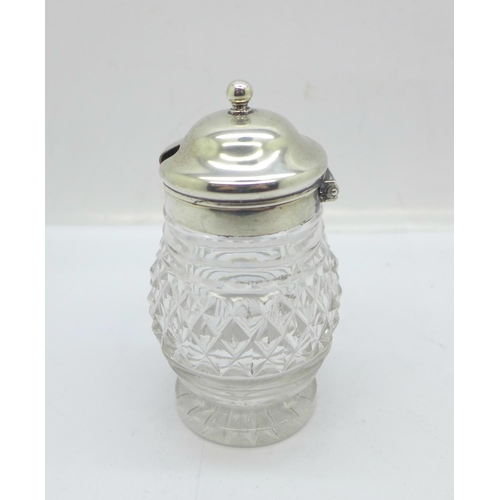 872 - A Victorian silver topped glass mustard or preserve pot, London 1869, 9cm