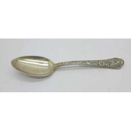 876 - A 19th Century American sterling silver spoon, with initials and date inscription, '1891', 48g