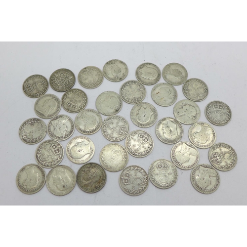 879 - A collection of silver 3d coins including Victorian, 43g