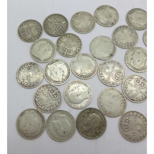 879 - A collection of silver 3d coins including Victorian, 43g