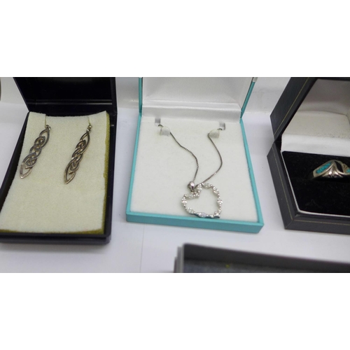 927 - Silver and silver mounted earrings, a silver pendant and chain and two rings