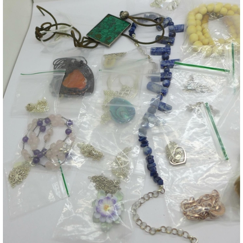 932 - Costume jewellery including a silver mounted opal set butterfly pendant and other silver