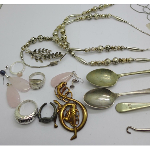 933 - Jewellery including a silver bracelet and other silver, etc.