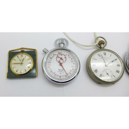 936 - An Ingersoll Referee stop-watch, one other stop-watch, two pocket watches including The Edgware Leve... 