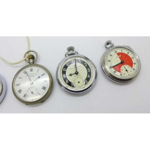 936 - An Ingersoll Referee stop-watch, one other stop-watch, two pocket watches including The Edgware Leve... 