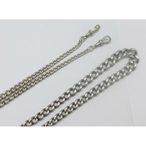 950 - A silver Albert chain with graduated links, one other silver Albert, one clip a/f, and a base metal ... 