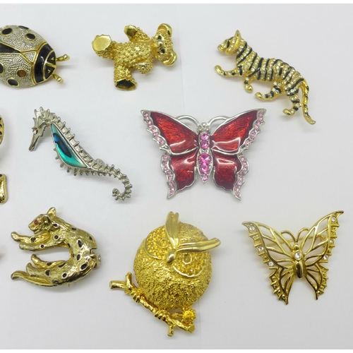 956 - Twelve brooches including butterflies, cats, a seahorse, an owl, etc.