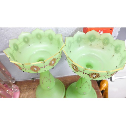 820a - A pair of green glass lustres, a cranberry glass pair of bob-bon dishes and stand and a Crown Devon ... 