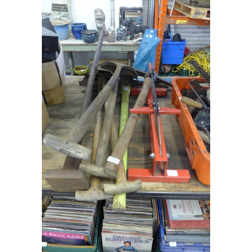 2344 - 4 Shovels, 2 pick axes, tamper and laminate floor cutter