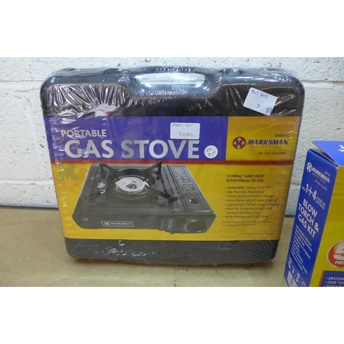 2086 - Marksman camping stove and 5 piece blowtorch and gas kit - unused