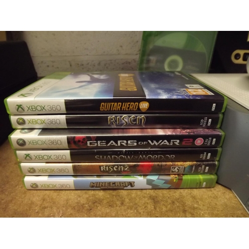 2119 - Xbox 360 with power lead, 2 controllers, scart lead and memory card - W - including 8 games:- Risen,... 