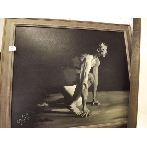 2165 - Ian Houston, beach scene print & nude man, oil on board, both framed