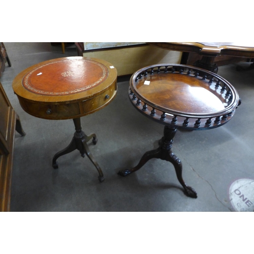 196 - A mahogany gallery top tripod wine table and a small drum shaped occasional table