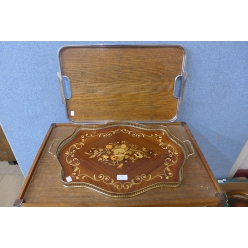 391 - An inlaid mahogany and brass serving tray and an oak tray