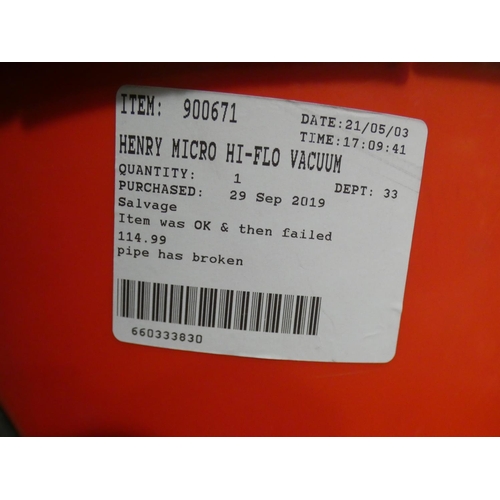 3082 - Henry Micro Hi-Flo Vacuum - model 900671/HVR200M, RRP £119.99 + vat (227-200) * This lot is subject ... 