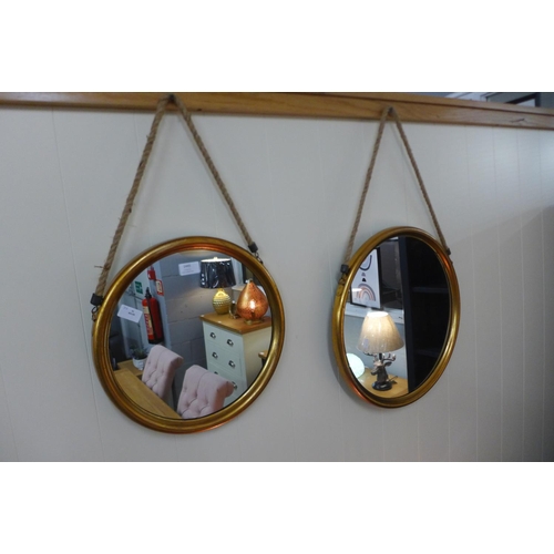 1416 - Two  circular gold framed mirrors with rope hanger, H46cms H38cms(JRG12/1318)  #