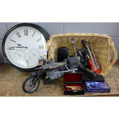 1080 - A model motorcycle, a collection of model musical instruments and a clock **PLEASE NOTE THIS LOT IS ... 