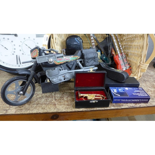 1080 - A model motorcycle, a collection of model musical instruments and a clock **PLEASE NOTE THIS LOT IS ... 