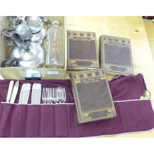 1083 - A hammered three piece plated tea service, other metalware, there books and a ship in a bottle **PLE... 