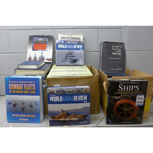 1092 - Three boxes of mixed military books, mainly combat fleets, Navy, shipping including Jane's Fighting ... 