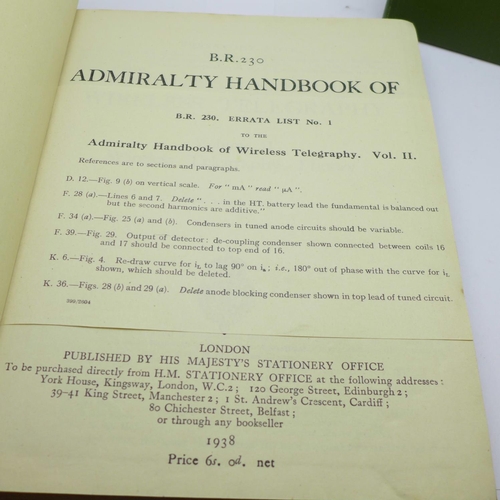 671 - Royal Navy cap tallies, a gilt metal buckle, a 1938 Handbook of Wireless Telegraphy Vol I and II