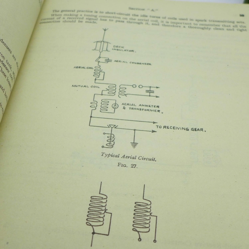 671 - Royal Navy cap tallies, a gilt metal buckle, a 1938 Handbook of Wireless Telegraphy Vol I and II