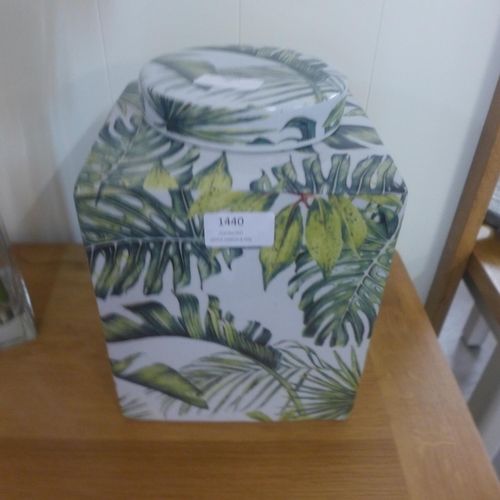 1435 - A 24cm square ceramic tropical leaf jar and cover (BP28717)   #