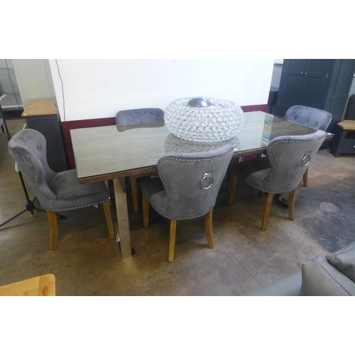 1552 - A railway sleeper 220cm dining table with six grey Arlo chairs