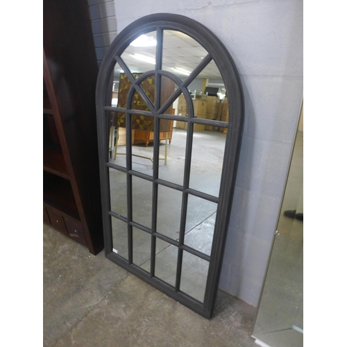 1567 - A large rustic black arched window mirror, H140cms x W80cms (M40172)   #