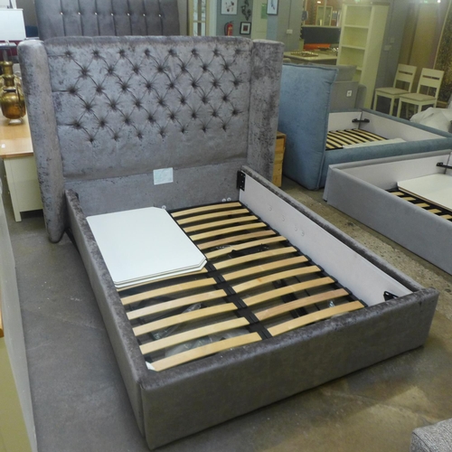 1577 - A grey upholstered double button-back storage bedframe (incomplete)