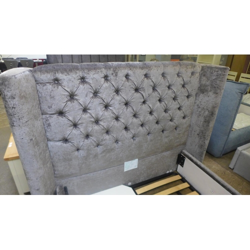 1577 - A grey upholstered double button-back storage bedframe (incomplete)