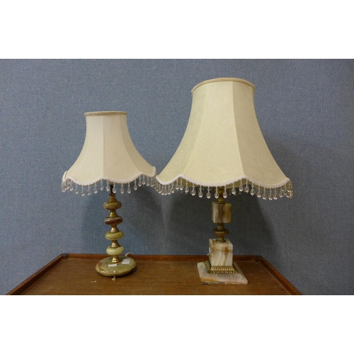 393 - Two brass and onyx table lamps