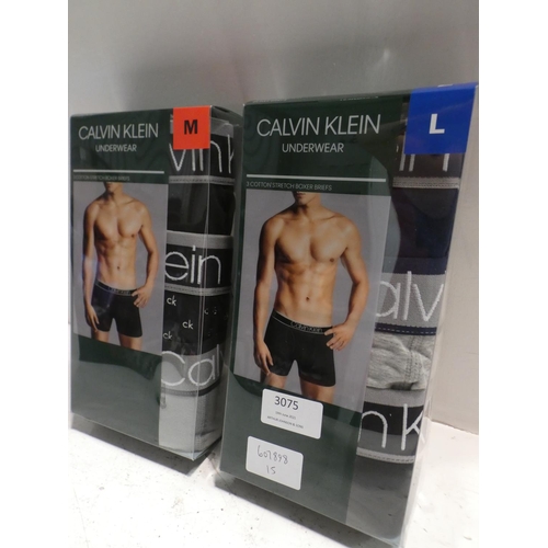 3075 - 2 Boxes of men's Calvin Klein boxer brief style underwear, size M (2), L (1) * this lot is subject t... 