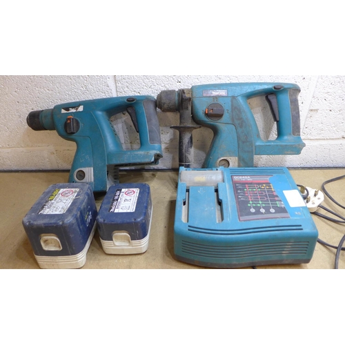 2028 - Makita drill kit; pr. of rechargeable BHR200 hammer drills with charger & pr. of batteries, 1 batter... 