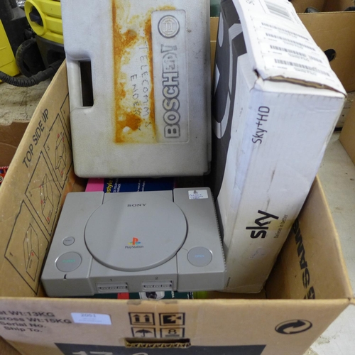 2051 - Box of assorted electronics - W - inc. Sky box, BT phones, Sony Playstation, etc.