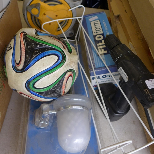 2060 - Box of misc. inc. Hozelock hose, shower bracket, Brazuca official 2014 World Cup football, box of du... 