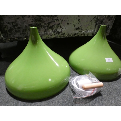 3032 - A pair of green metal pendant lights * this lot is subject to VAT