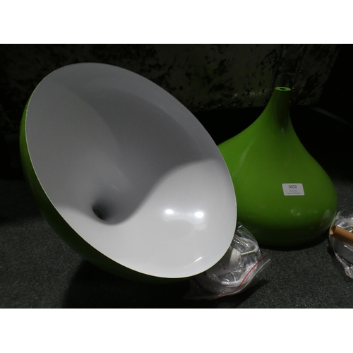 3032 - A pair of green metal pendant lights * this lot is subject to VAT