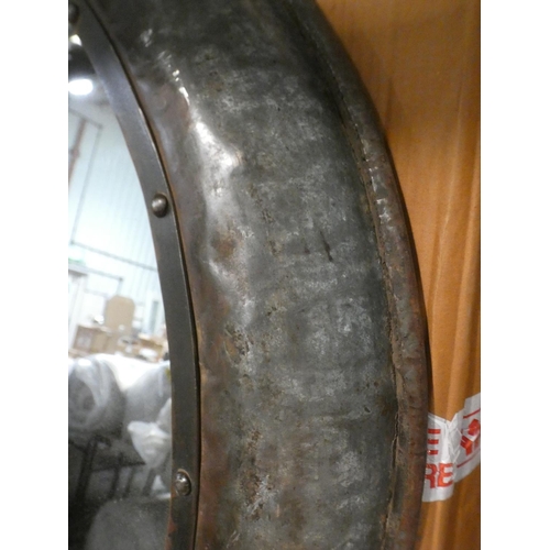 3049 - Circular riveted industrial style wall mirror - 90cms diameter  *this lot is subject to vat