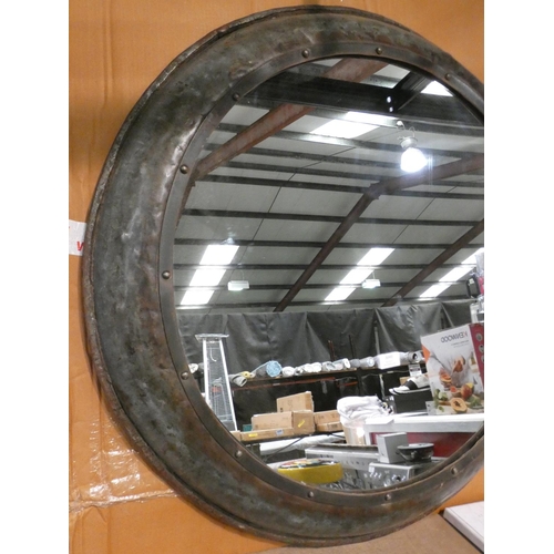 3049 - Circular riveted industrial style wall mirror - 90cms diameter  *this lot is subject to vat