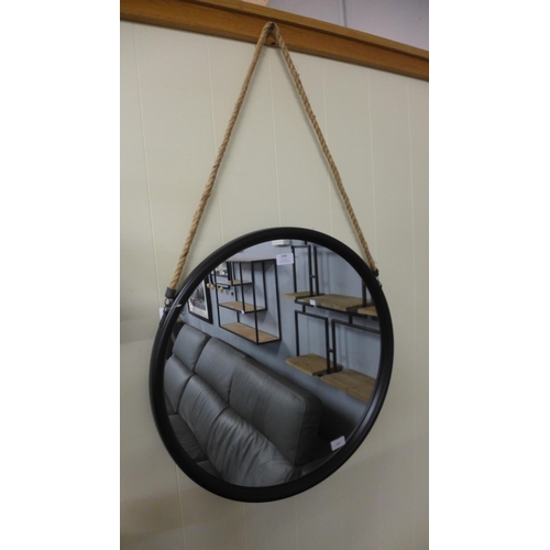 1327 - A circular black framed mirror with rope hanger, 58cms, (JRG1714)   #