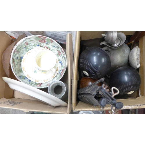 1139 - An enamel bread bin, colander and other items including bowling woods, chamber pot, etc. **PLEASE NO... 